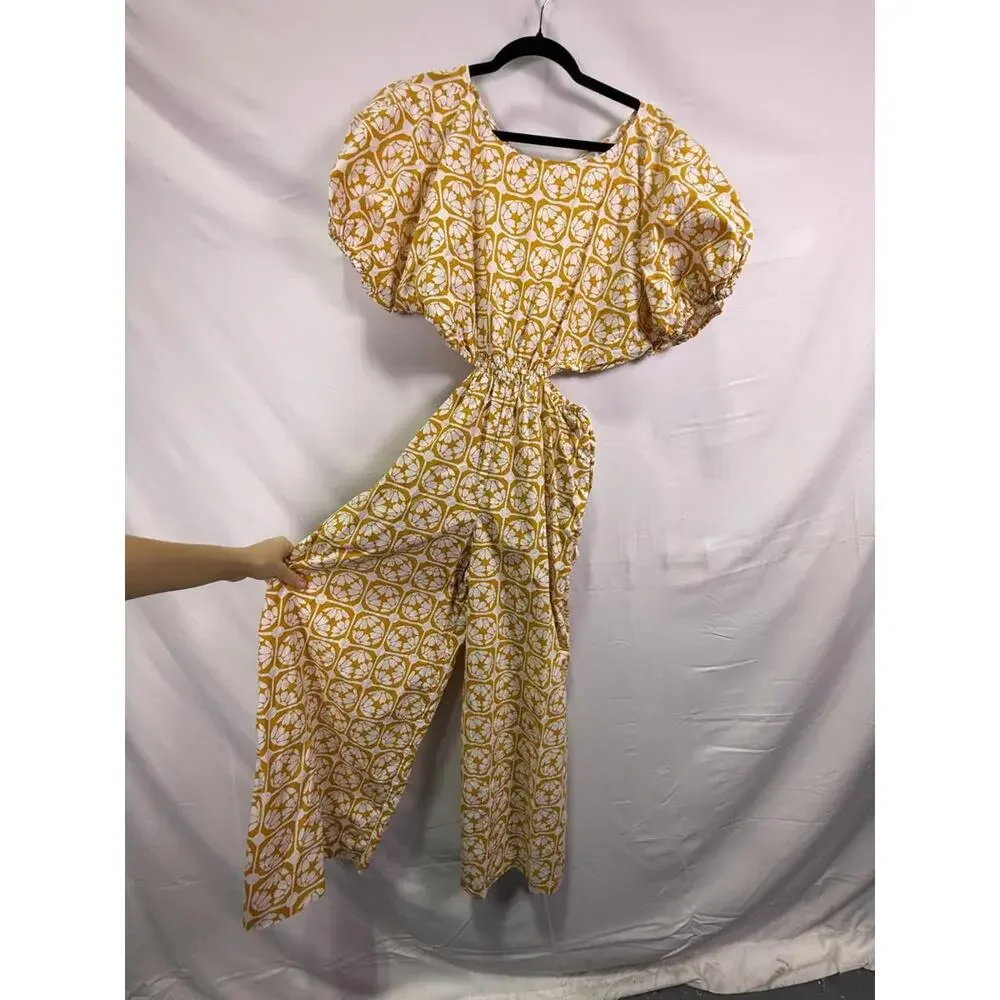 Rebecca Taylor NYC Yellow Floral Wide Leg Jumpsuit Size 8 with Fabric Tear - Picture 7 of 9
